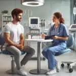 Una imagen de un hombre sentado en una clínica estéril, rodeado de equipo médico, mientras llena formularios