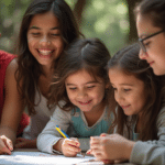 Un grupo de padres e hijos se reúne alrededor de un centro comunitario en Madrid, participando en actividades y utilizando recursos para la coparentalidad
