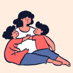 Una mujer con dos niños pequeños, concepto de madre soltera