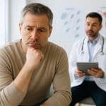 Hombre preocupado durante una consulta médica sobre infertilidad masculina