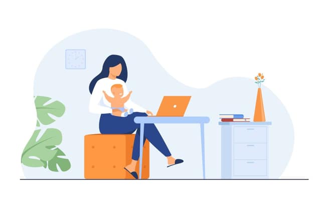 nueva mamá trabajando en casa madre con un bebé