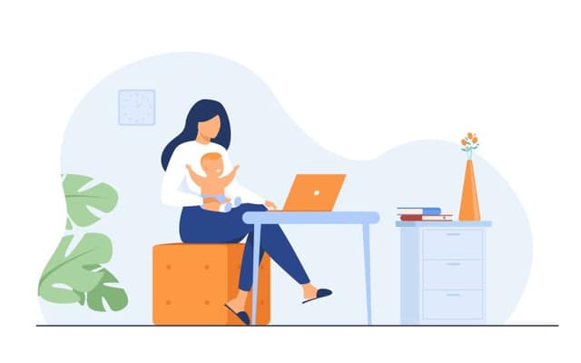 nueva mamá trabajando en casa madre con un bebé