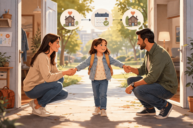 Custodia compartida hijos: niña con sus padres en dos hogares organizando el tiempo