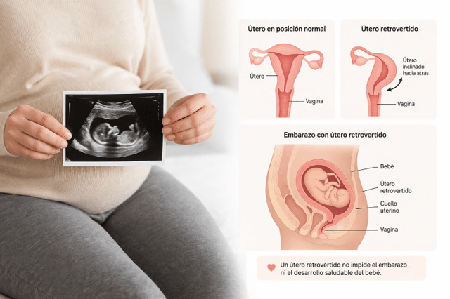 Útero retrovertido embarazo ilustración comparativa con ecografía y posición del útero