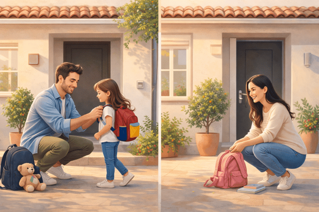 Co-parenting: niña pasando tiempo entre dos hogares con sus padres separados