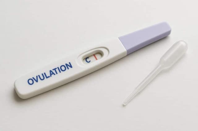 Un primer plano de un kit de prueba de ovulación sobre una superficie limpia y blanca, con la tira de prueba y el gotero claramente visibles