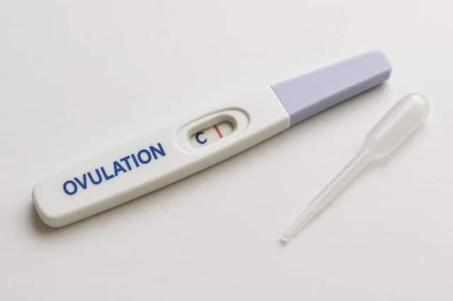 Un primer plano de un kit de prueba de ovulación sobre una superficie limpia y blanca, con la tira de prueba y el gotero claramente visibles