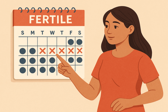 Una mujer señalando un calendario con varios días marcados para calcular días fértiles
