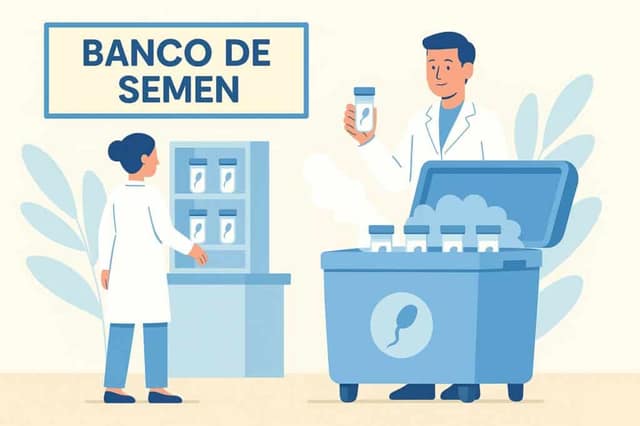 lustración simbólica de un banco de semen moderno representado con un cofre frío lleno de pequeños frascos etiquetados