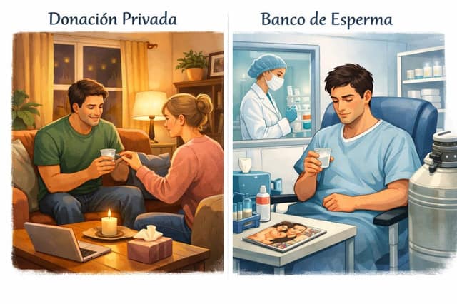 Ilustración que compara una donación privada de esperma en un ambiente acogedor con una donación en un banco de esperma en un entorno clínico