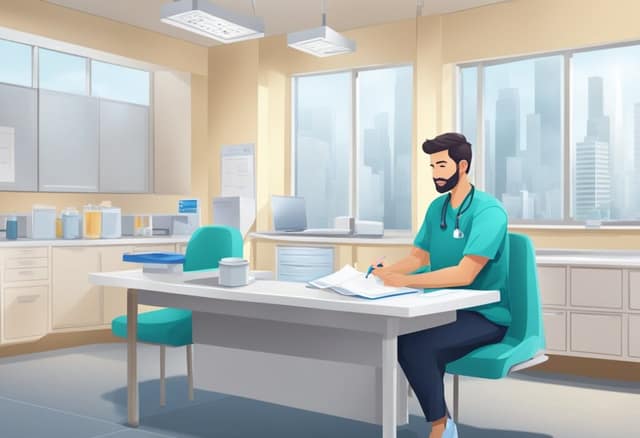 Un donante sentado en una clínica, completando trámites y sometiéndose a pruebas médicas para donar semen