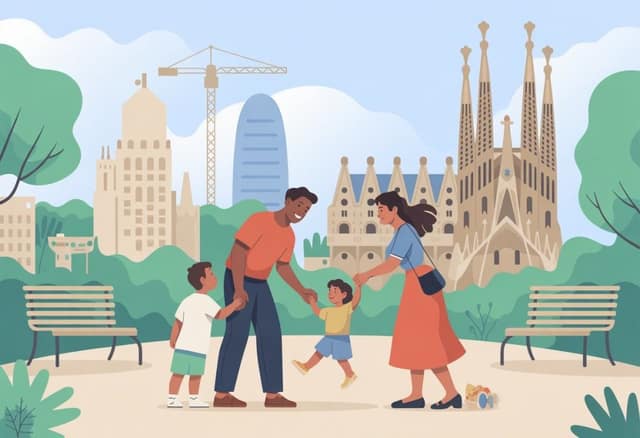 Coparentalidad Barcelona familia con niños en un parque frente a la Sagrada Familia