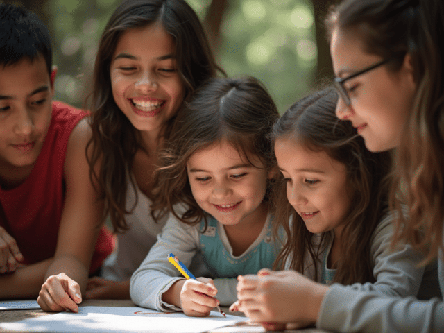 Un grupo de padres e hijos se reúne alrededor de un centro comunitario en Madrid, participando en actividades y utilizando recursos para la coparentalidad