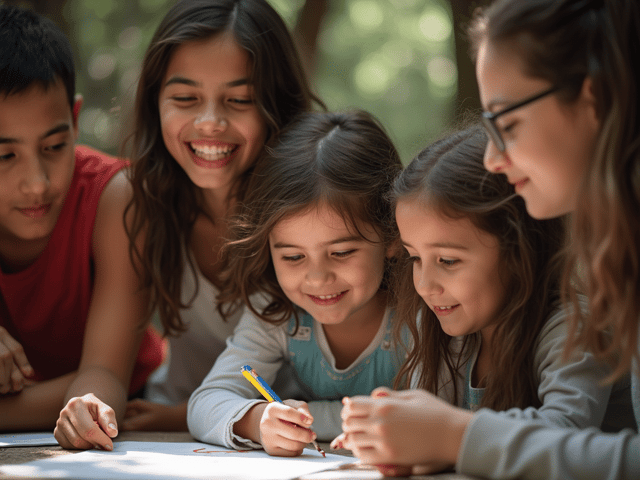 Un grupo de padres e hijos se reúne alrededor de un centro comunitario en Madrid, participando en actividades y utilizando recursos para la coparentalidad