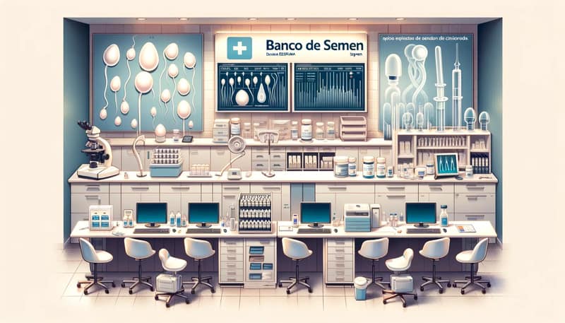 Banco de semen y clínicas especializadas en donación de esperma. Incluye equipo médico y área de espera