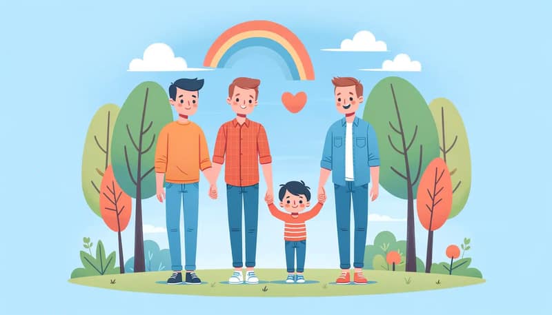Dos padres sosteniendo la mano de un niño, simbolizando la coparentalidad