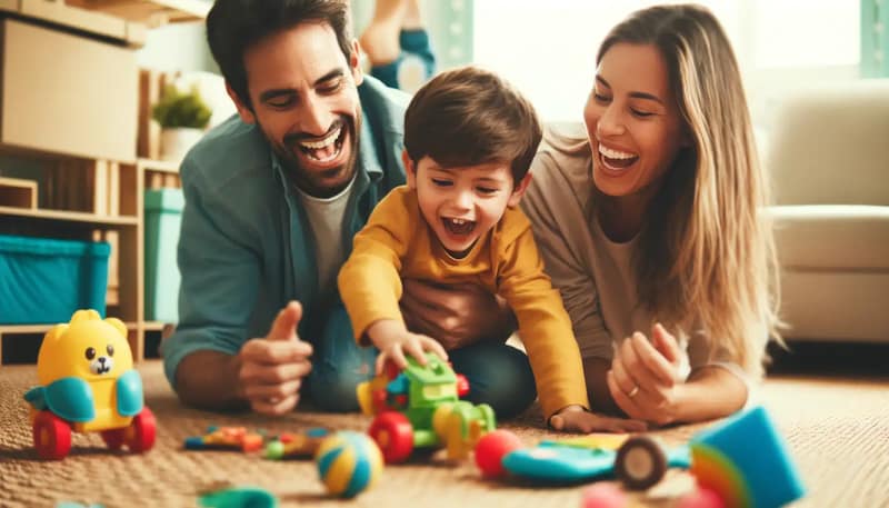 Un niño jugando con ambos padres en una atmósfera armoniosa, ejemplo de coparentalidad exitosa