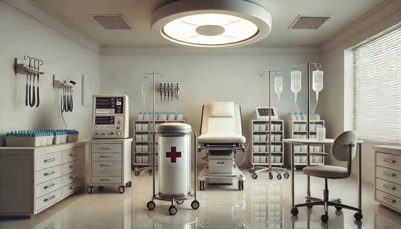 Una imagen de una sala estéril con equipo médico y un contenedor de recolección para donación de esperma. La sala es moderna y minimalista
