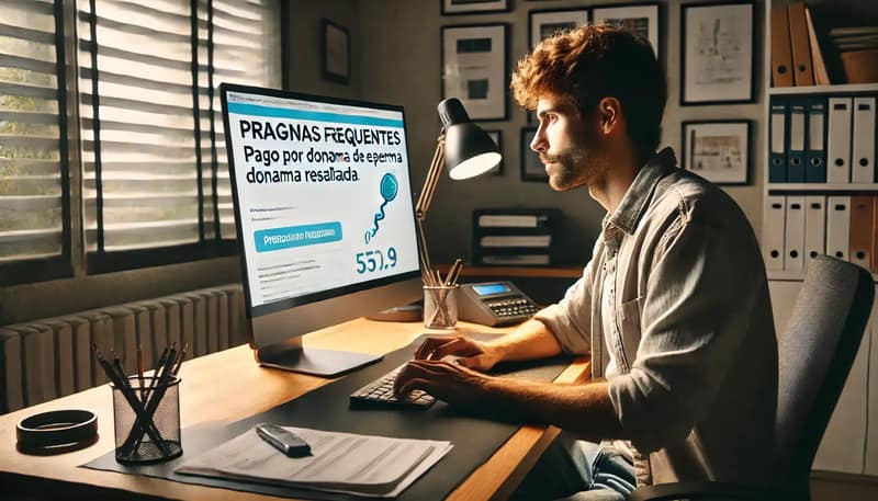 imagen de un hombre sentado en un escritorio, escribiendo en una computadora con una página de Preguntas Frecuentes abierta y una pregunta sobre el pago por donación de esperma resaltada