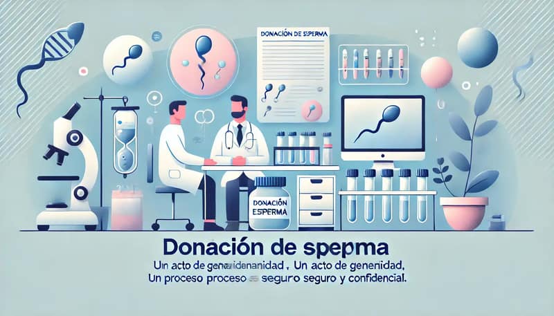Ilustración para explicar el concepto de donación de esperma. La escena incluye una clínica médica moderna y profesional