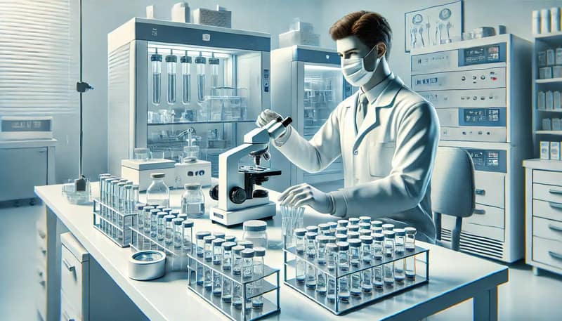 Un entorno de laboratorio estéril con un técnico que maneja viales y equipos especializados para la donación de esperma