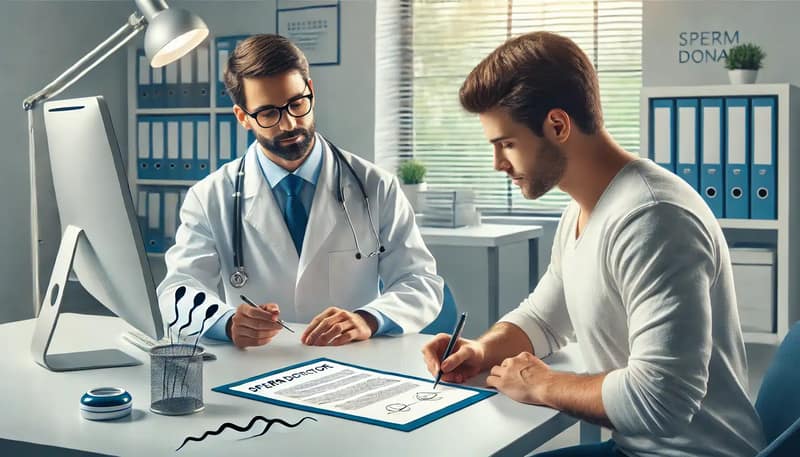 Un entorno de laboratorio estéril con un técnico que manipula viales y equipos especializados para la donación de esperma. El técnico lleva una bata de laboratorio y guantes