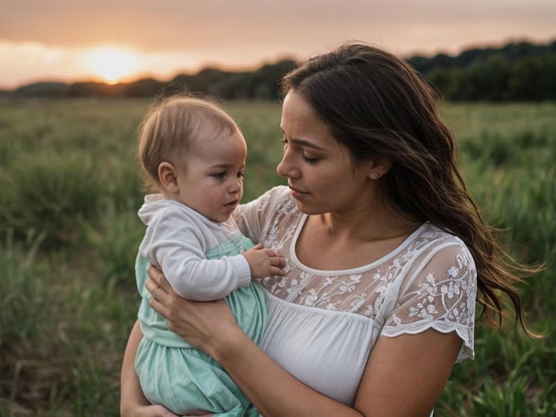 Una madre soltera acuna tiernamente a su bebé recién nacido, rodeada de suaves colores pastel y símbolos reconfortantes de la maternidad