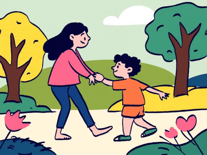 Una madre y su hijo jugando en un parque, rodeados de flores y árboles coloridos. La madre sonríe y sostiene la mano de su hijo, mostrando amor y cuidado