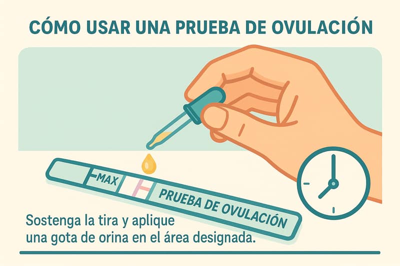 Una mano sosteniendo una tira de prueba sobre una superficie limpia y bien iluminada, con una pequeña gota de orina siendo aplicada en el área designada