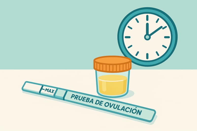 Una tira de prueba y un pequeño recipiente de orina están sobre una superficie blanca y limpia, con un reloj de fondo para indicar el tiempo de la prueba de ovulación