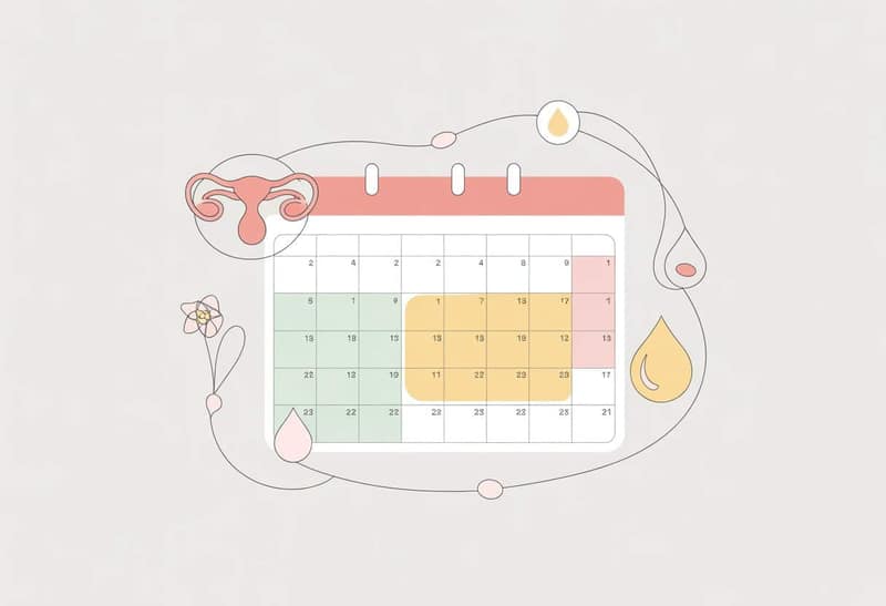 Calendario con días fértiles resaltados y símbolos relacionados con la fertilidad alrededor.