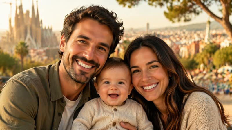 Familia feliz con bebé en Barcelona frente a la Sagrada Familia