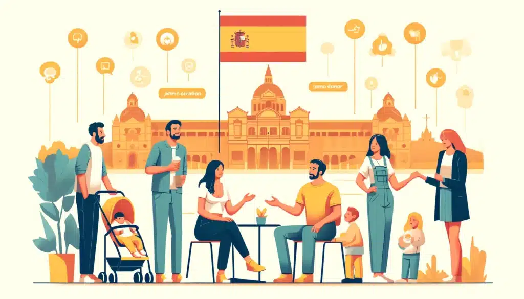 Ilustración para una página sobre donación de esperma y coparentalidad en España. La escena muestra un grupo diverso de personas, incluidos padres solteros y copadres