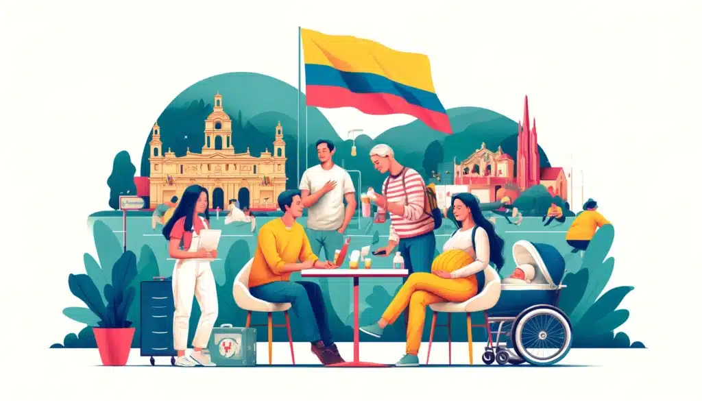 ilustración para la página sobre donación de esperma y coparentalidad en Colombia. La escena muestra un grupo diverso de personas en un ambiente cálido e inclusivo con elementos distintivos de Colombia. Si necesitas algún ajuste o detalles adicionales, no dudes en decírmelo.