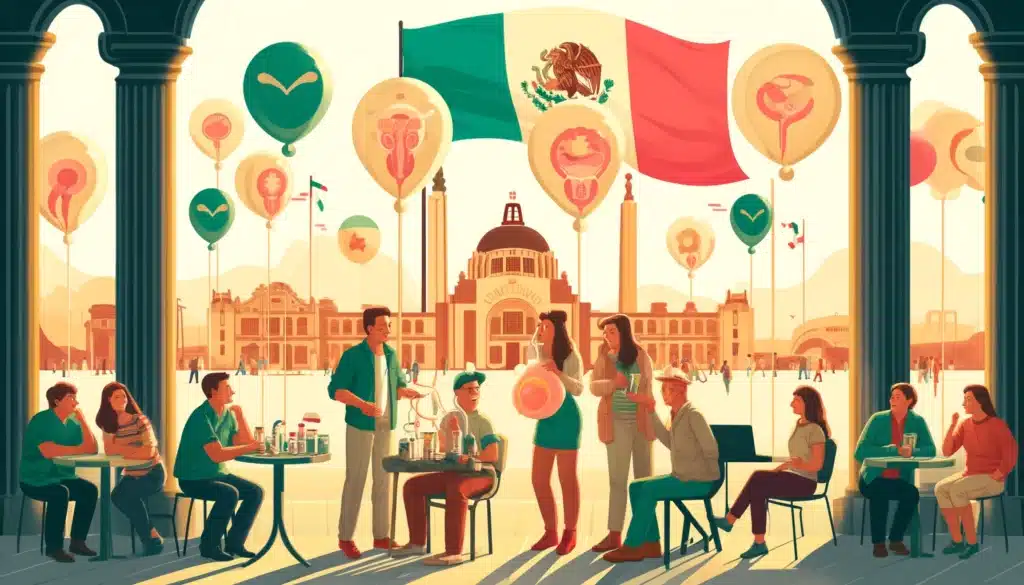 Una ilustración para una página sobre donación de esperma y coparentalidad en México. La escena muestra un grupo diverso de personas, incluyendo padre