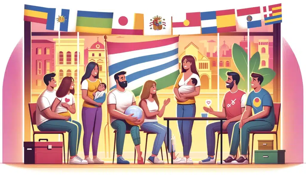 ilustración para la página sobre donación de esperma y coparentalidad en otros países de habla hispana. La escena muestra un grupo diverso de personas en un ambiente cálido e inclusivo con elementos distintivos de varios países hispanohablantes. Si necesitas algún ajuste o detalles adicionales, no dudes en decírmelo.