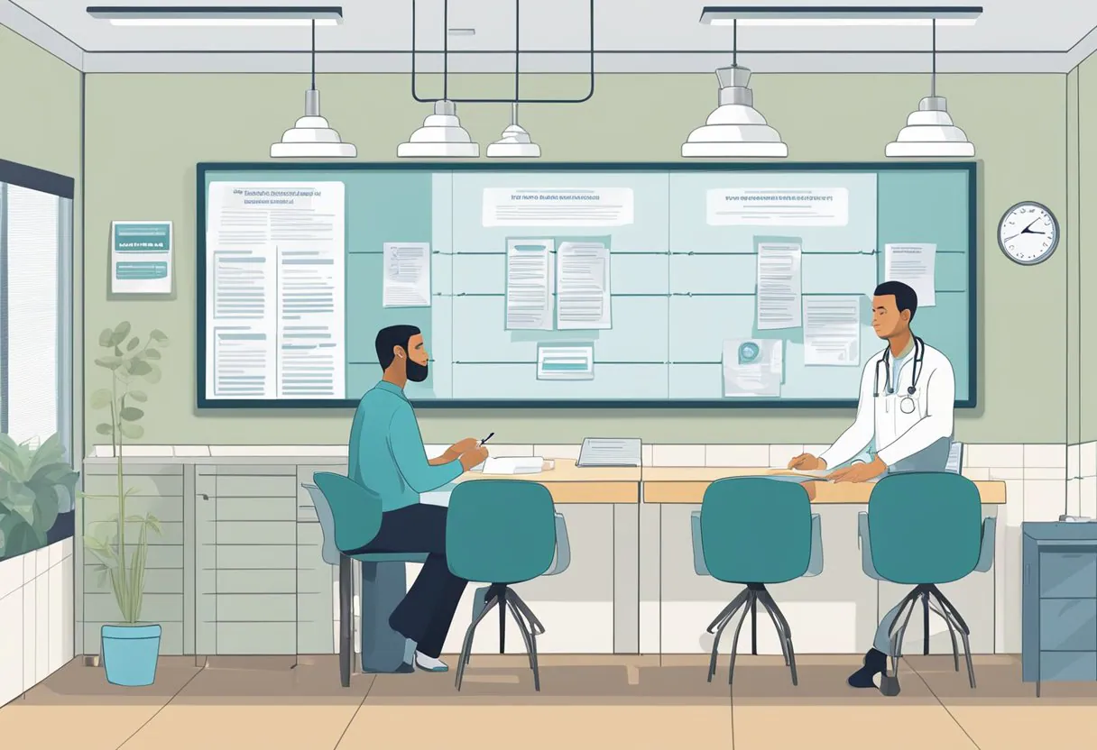 Un hombre se sienta en una clínica, completando trámites. Un cartel en la pared enumera consideraciones éticas y sociales para la donación de esperma