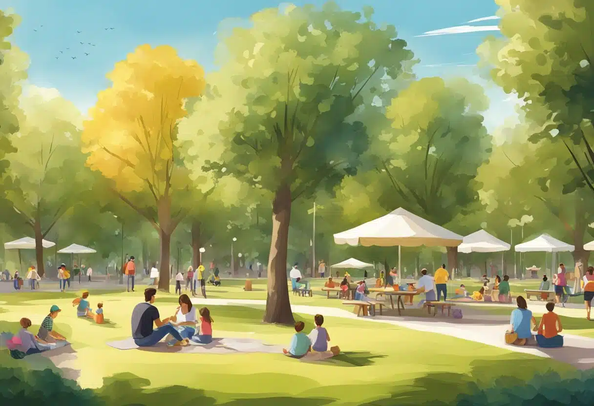 Un parque soleado en Madrid con familias haciendo picnic y niños jugando