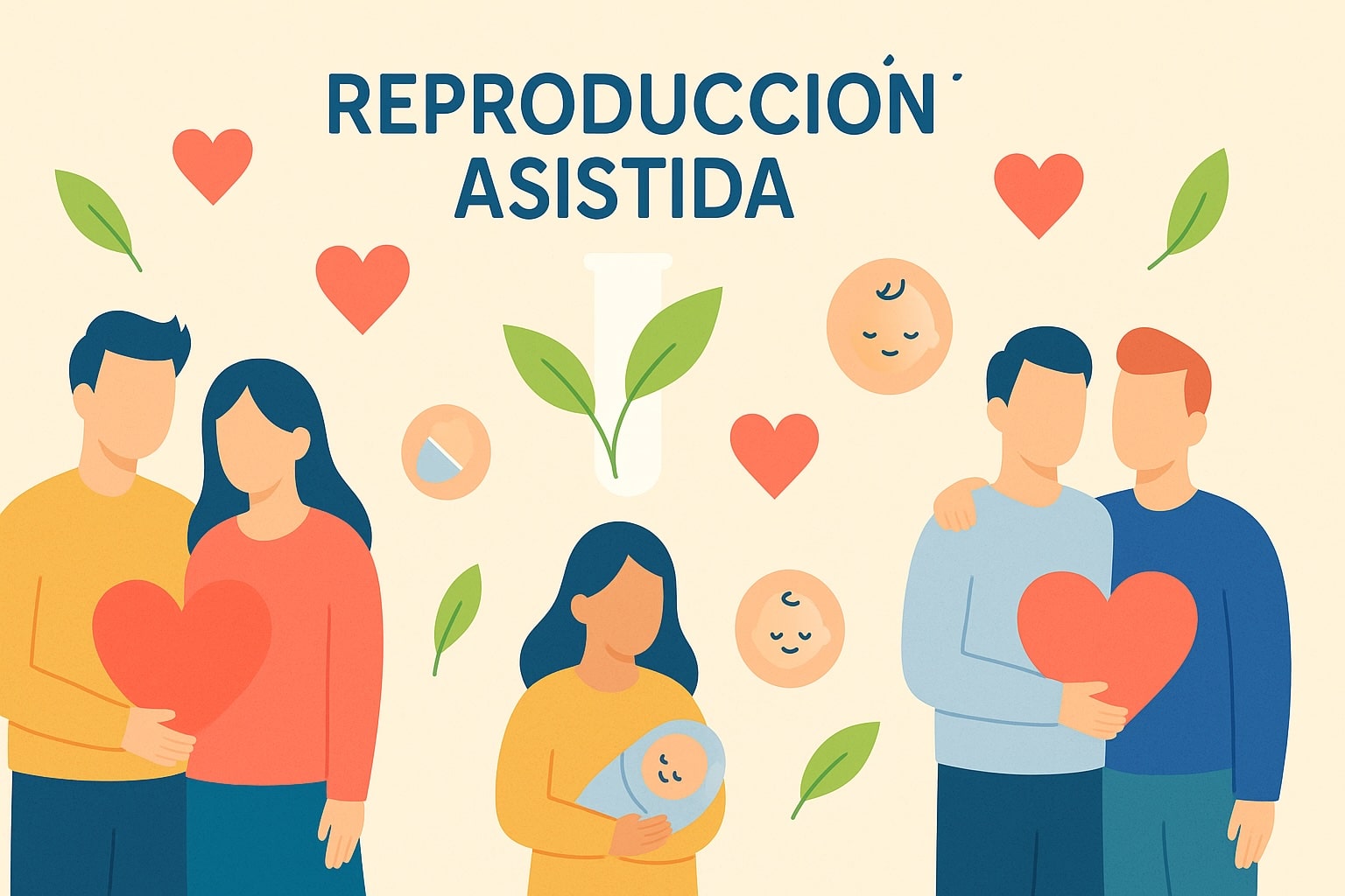 Ilustración simbólica de la reproducción asistida, con familias diversas parejas heterosexuales, homosexuales, padres solteros