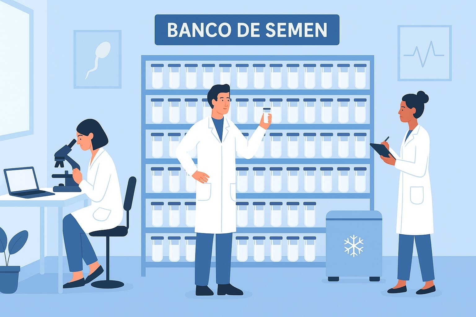 Infografía ilustrada con iconos coloridos mostrando beneficios preservación de fertilidad, disponibilidad futura, seguridad, con texto Beneficios del Banco de Semen