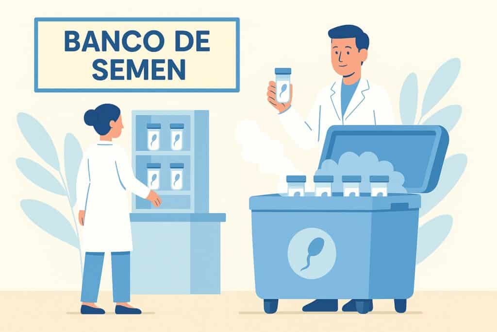 lustración simbólica de un banco de semen moderno representado con un cofre frío lleno de pequeños frascos etiquetados