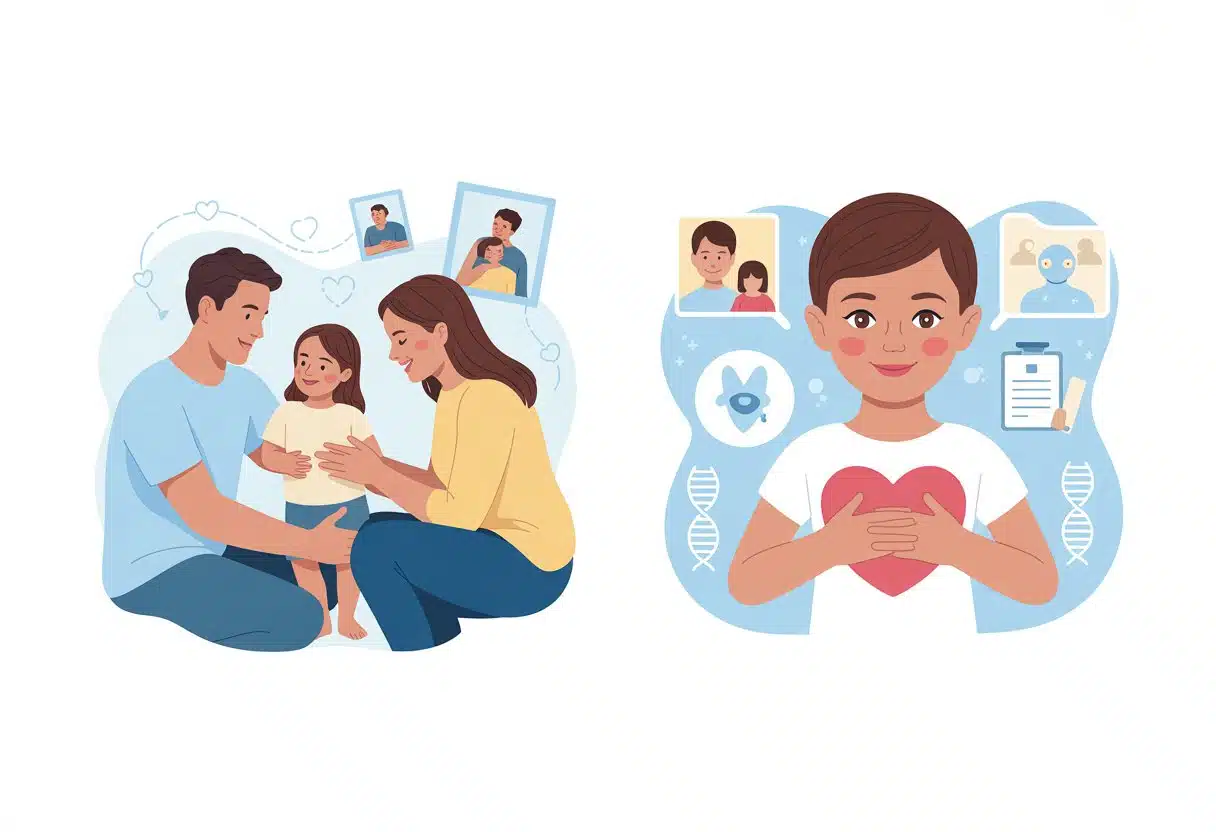 Ilustración padres explican a su hija la concepción por donante (FIV, donación de esperma:óvulos) y su ADN