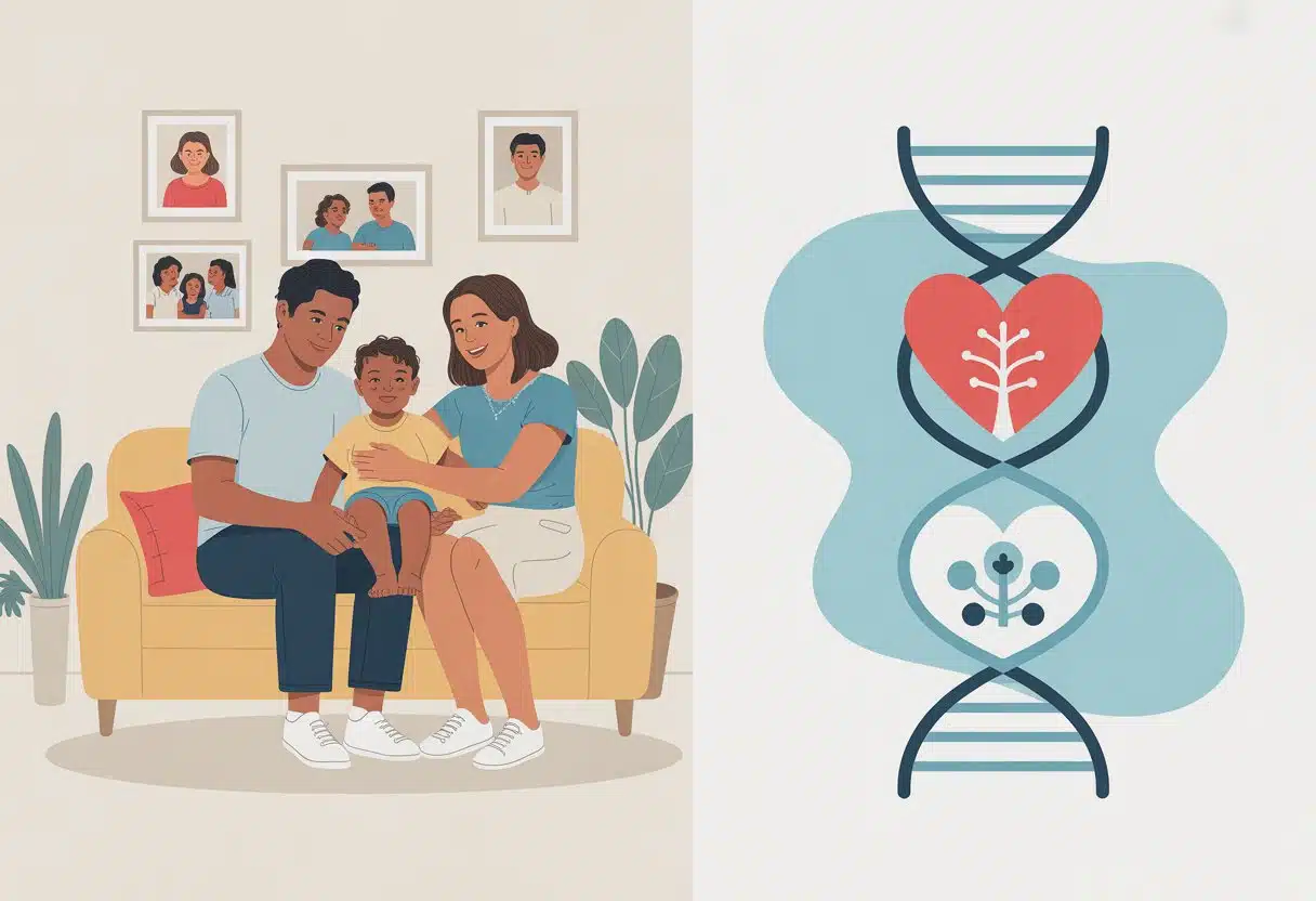 Ilustración padres explican a su hijo la concepción por donante y su ADN