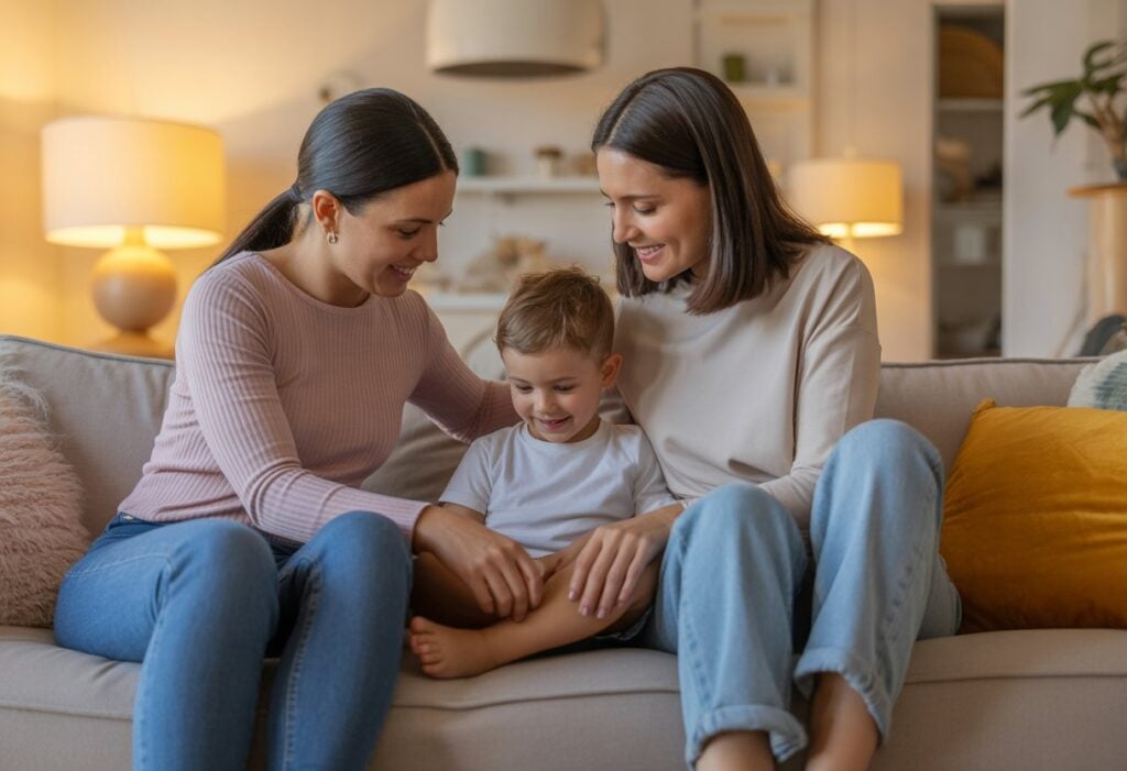 Una familia de lesbianas se sienta junta en una cómoda sala de estar, los padres hablan con su hijo de manera cariñosa y tranquila