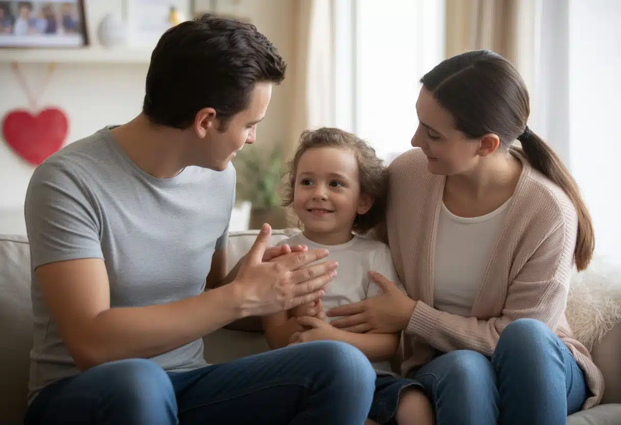 Una familia sentada junta en una sala acogedora, con los padres hablando con su hijo, quien escucha atentamente en un ambiente cálido y amoroso.