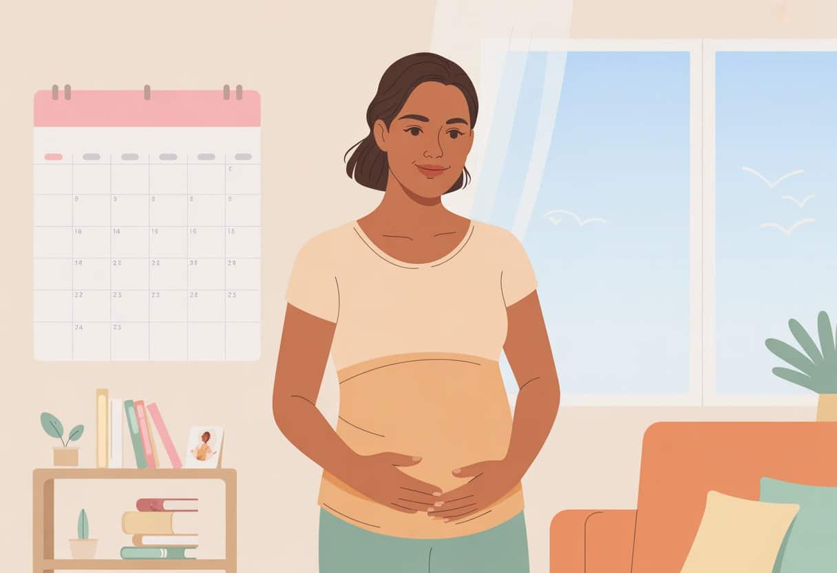 Mujer sonriente en una sala iluminada, abrazando su vientre con elementos que simbolizan la maternidad y la independencia