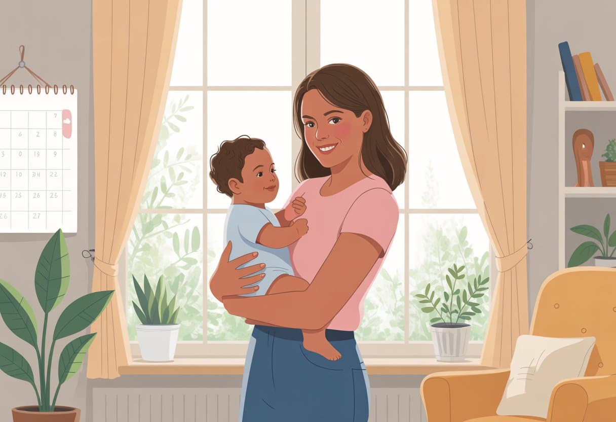 Una madre soltera sonriente sostiene a su bebé en un hogar acogedor con luz natural y plantas, mostrando una conexión amorosa y un ambiente de apoyo
