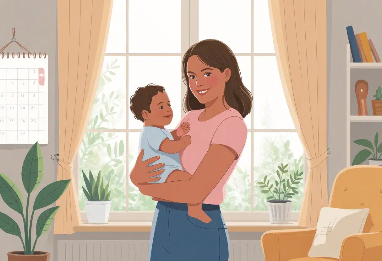 Una madre soltera sonriente sostiene a su bebé en un hogar acogedor con luz natural y plantas, mostrando una conexión amorosa y un ambiente de apoyo