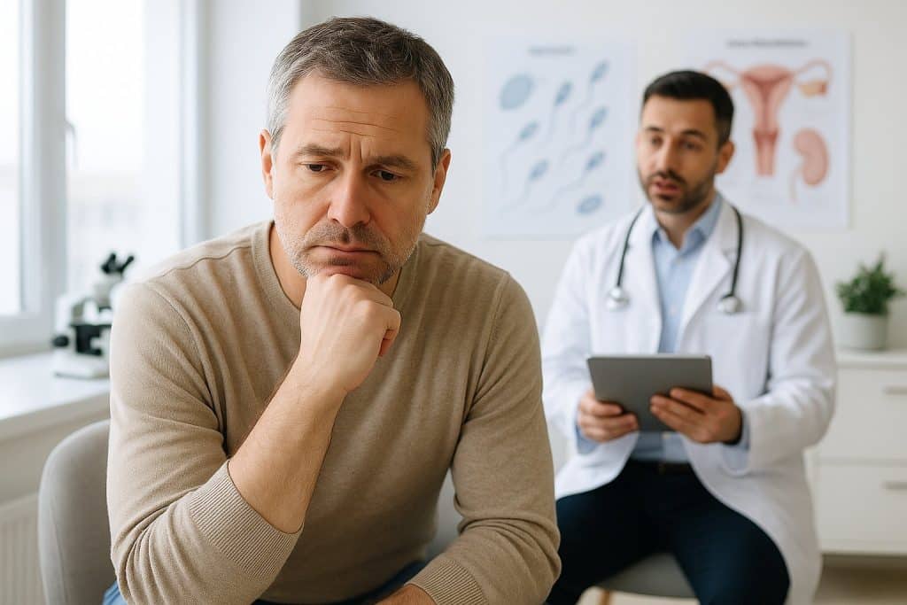 Hombre preocupado durante una consulta médica sobre infertilidad masculina