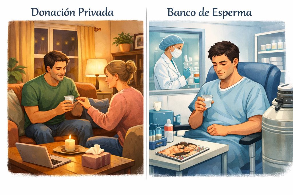 Ilustración que compara una donación privada de esperma en un ambiente acogedor con una donación en un banco de esperma en un entorno clínico